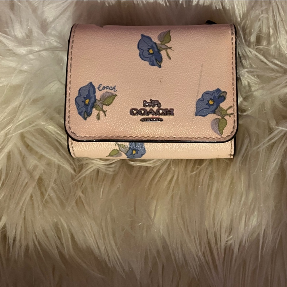 Coach Pink Floral Compact Wallet with Blue Blooms